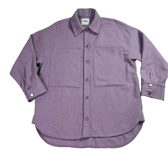 ZARA Shacket Womens XS Purple Wool Blend Long Sleeve Wide Pockets Button Up - Picture 1 of 6